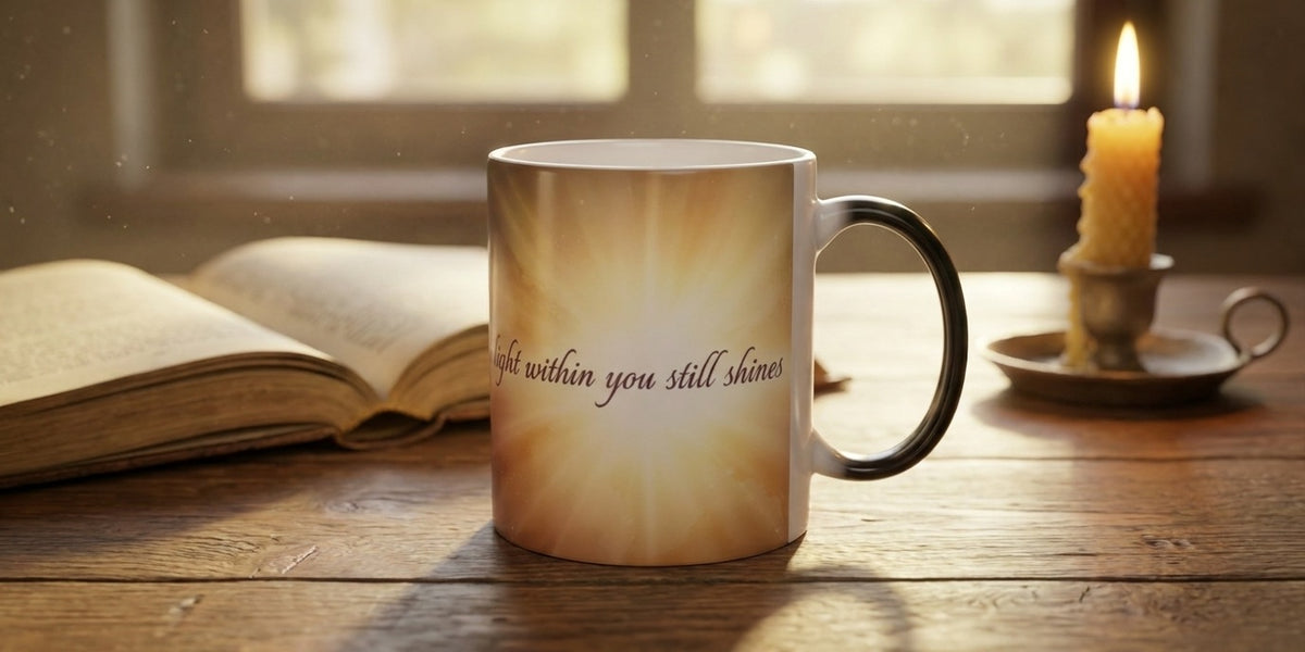 Even in Darkness inspirational heat-reveal magic mug on a wood table - Bluegrass Gifts faith and inspirational magic mugs