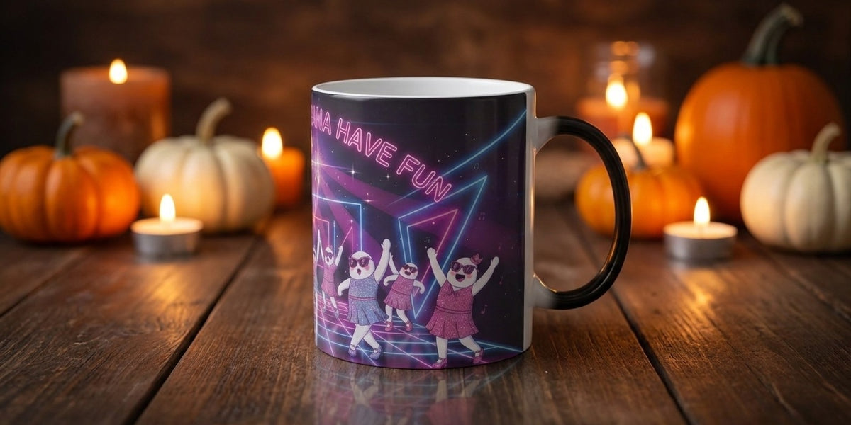 Ghouls Just Wanna Have Fun retro Halloween heat-reveal magic mug styled with pumpkins - Bluegrass Gifts holiday and seasonal magic mugs