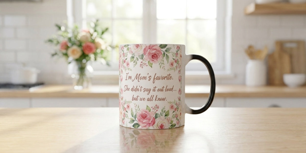 I'm Mom's Favorite floral heat-reveal magic mug on a kitchen counter - Bluegrass Gifts magic mugs for occasions and recipients