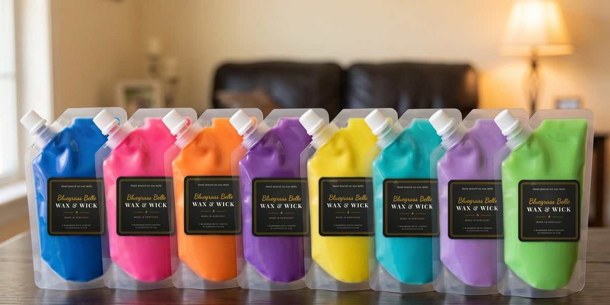 Bluegrass Belle squeeze wax melt pouches in assorted colors on a wood table