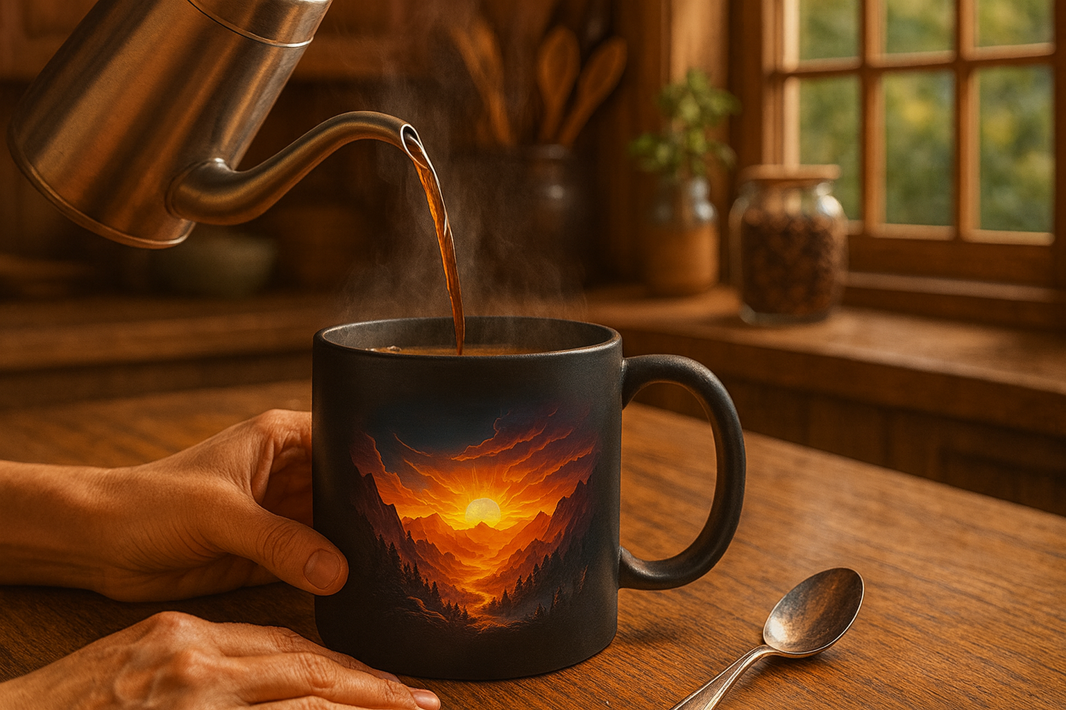 Color changing mug revealing a vibrant mountain design as hot coffee is poured, in a cozy rustic kitchen setting