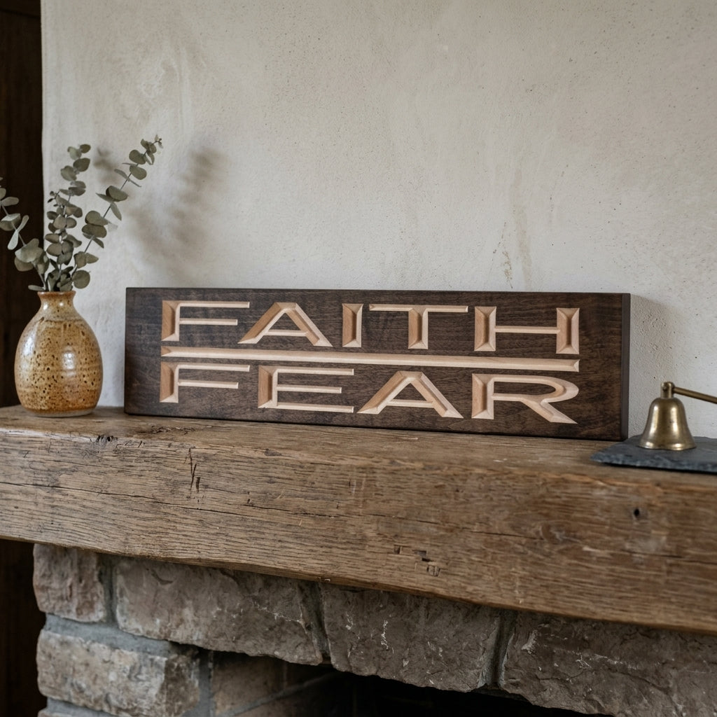 Faith Over Fear carved wood sign styled on a shelf — Bluegrass Gifts religious and faith signs