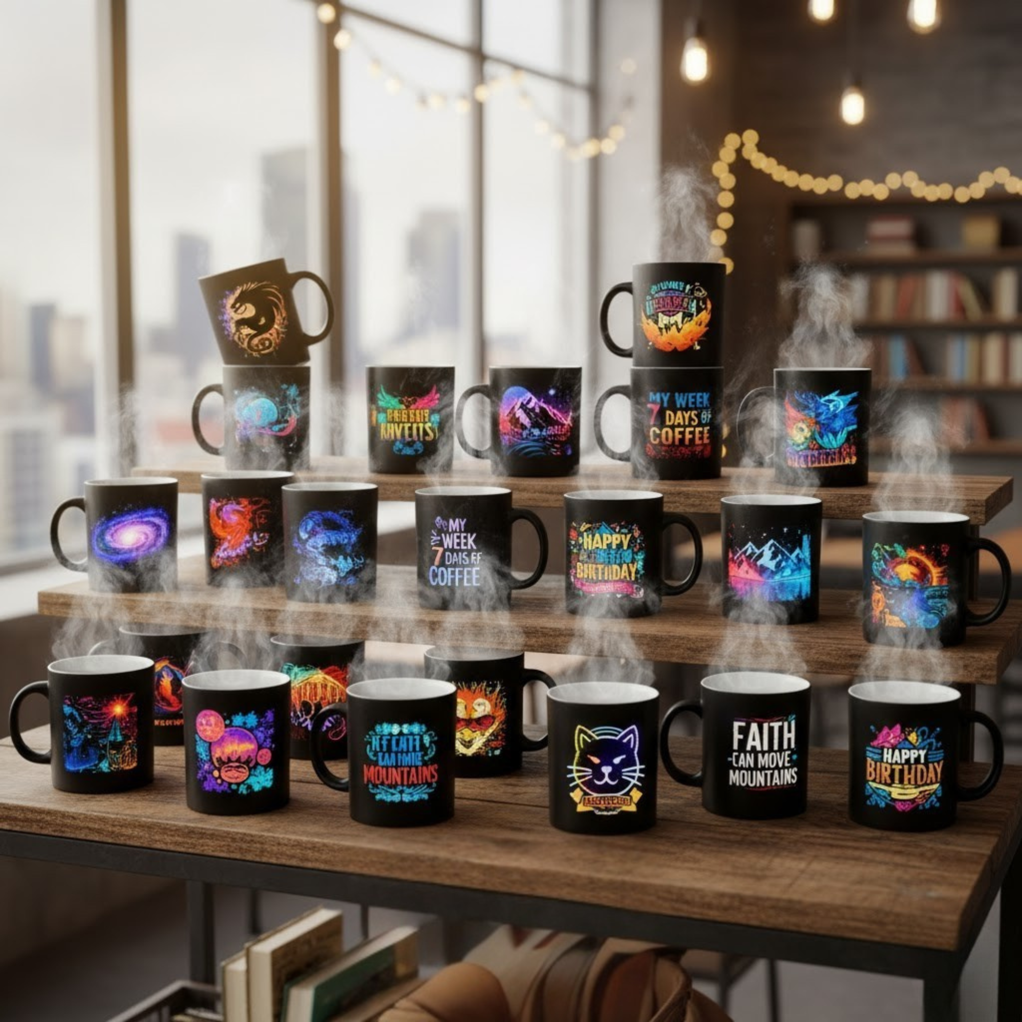 Collection of heat-reveal magic mugs with fantasy, nature, and funny designs on wooden shelves – Bluegrass Gifts