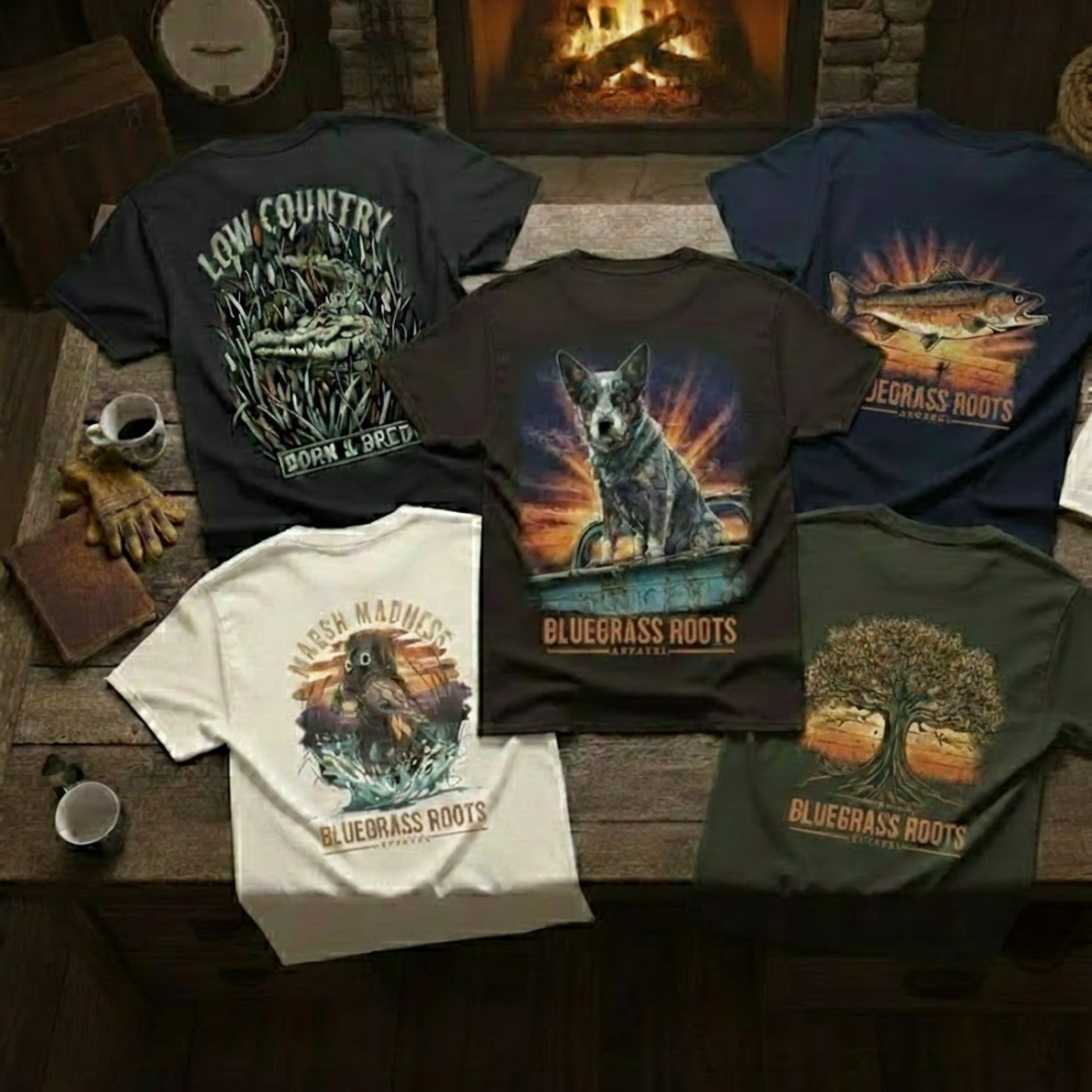 Five Bluegrass Roots men's tees on a wooden table featuring hand-illustrated alligator, Blue Heeler, fish, duck, and oak tree designs.