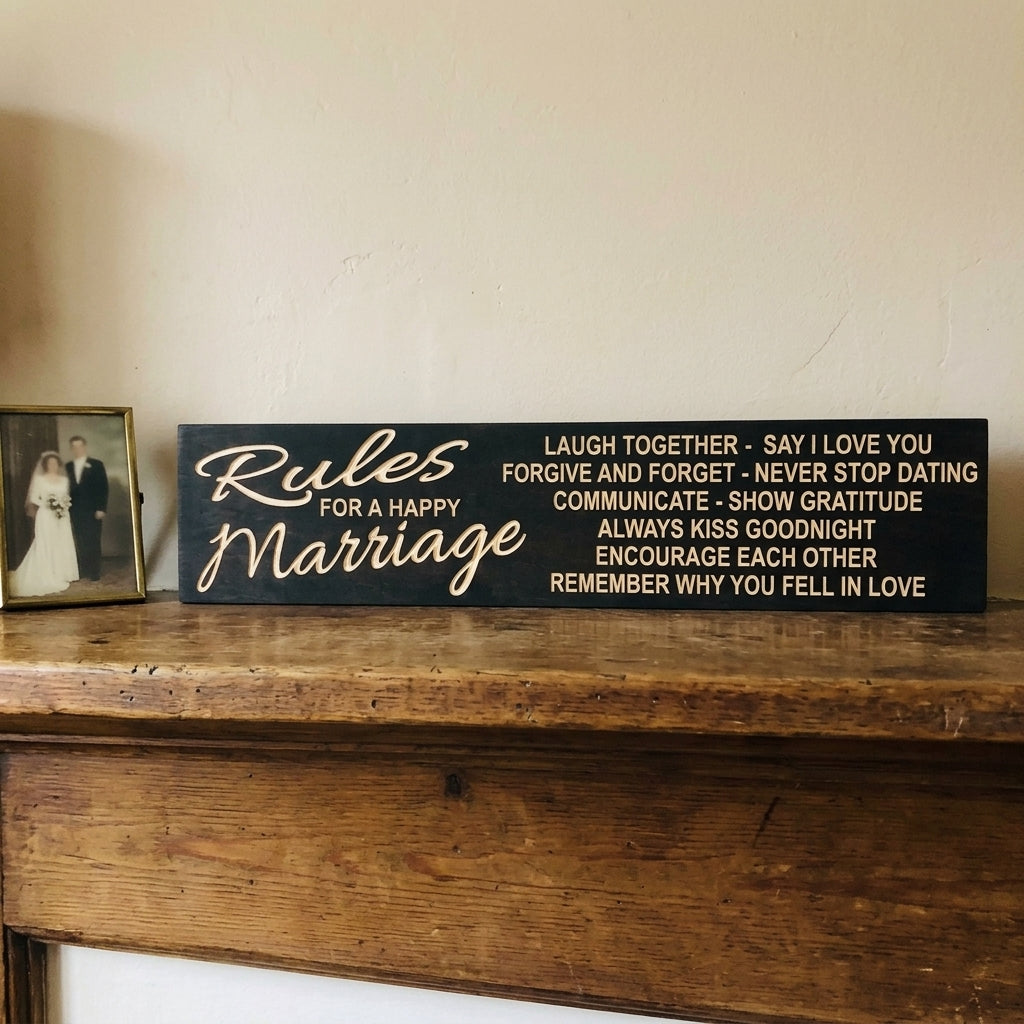Carved Rules for a Happy Marriage wood sign on a mantel beside a framed wedding photo - Bluegrass Gifts wedding and anniversary signs