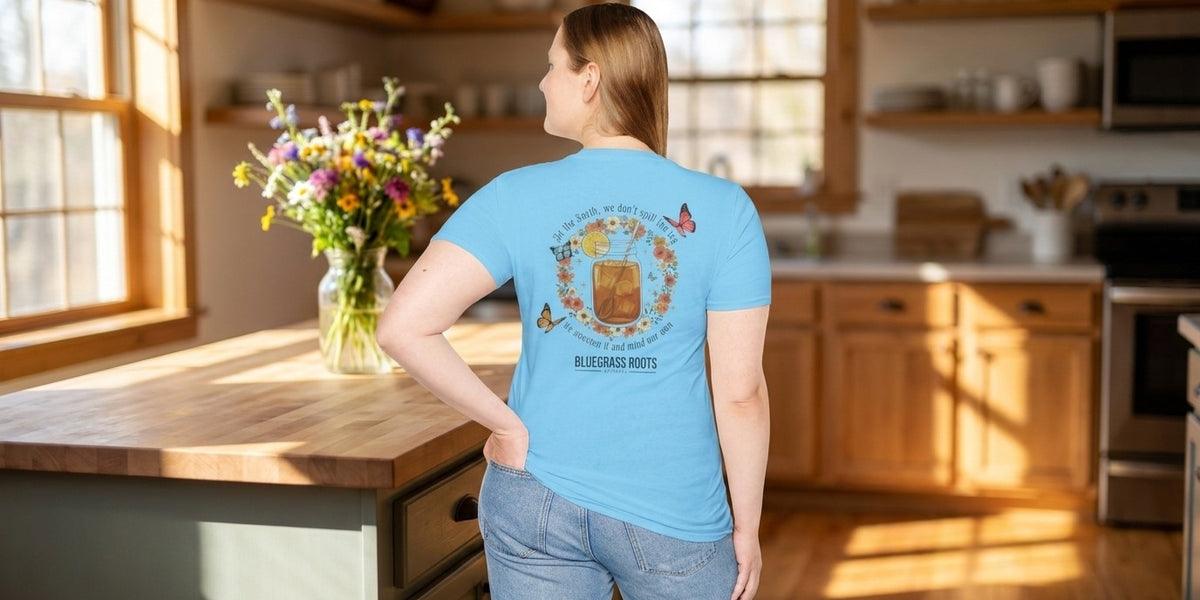 Sweeten the Tea graphic tee in a farmhouse kitchen - Bluegrass Gifts apparel, designed in Kentucky