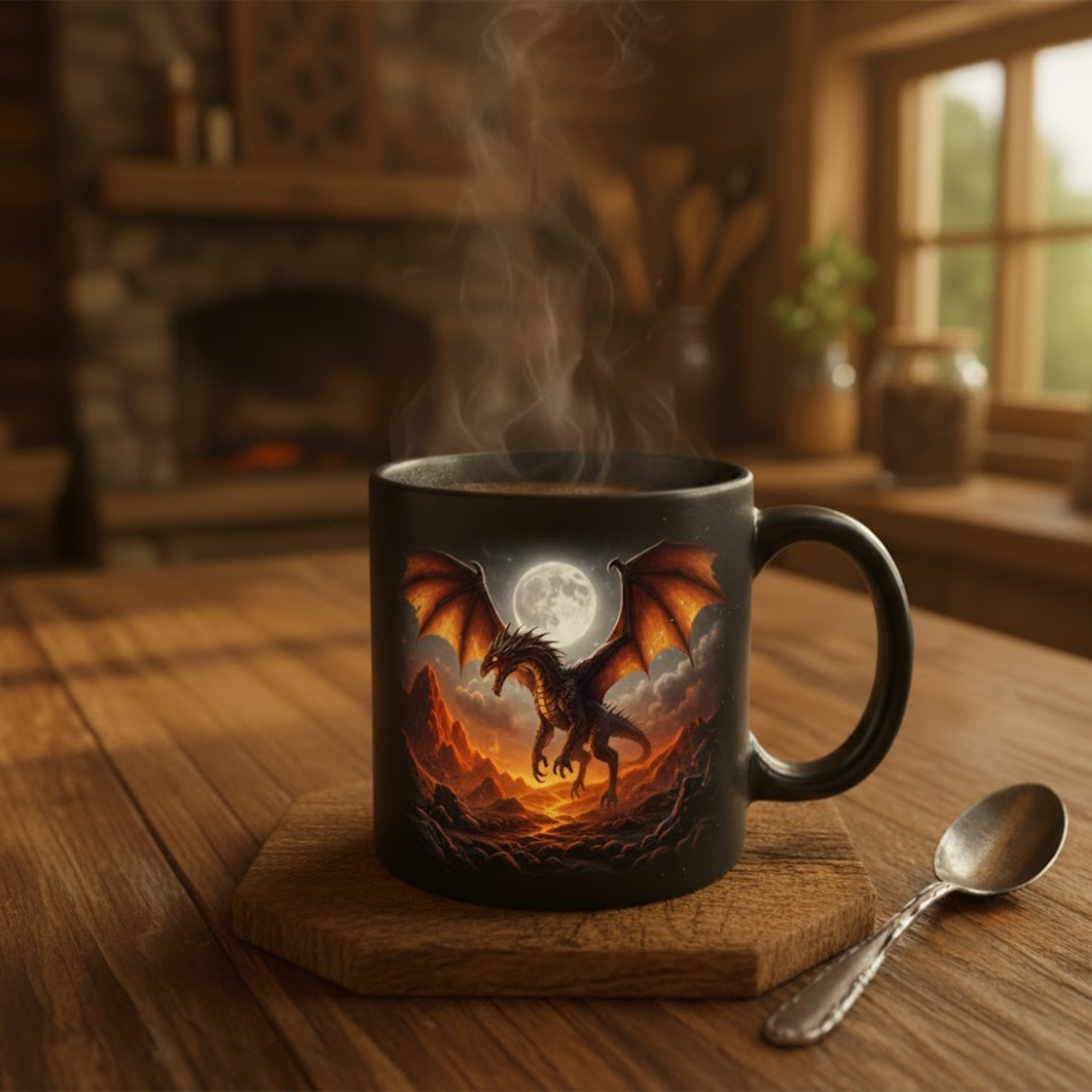 Themed Magic Mug with dragon artwork revealing under heat on rustic wood table – Bluegrass Gifts