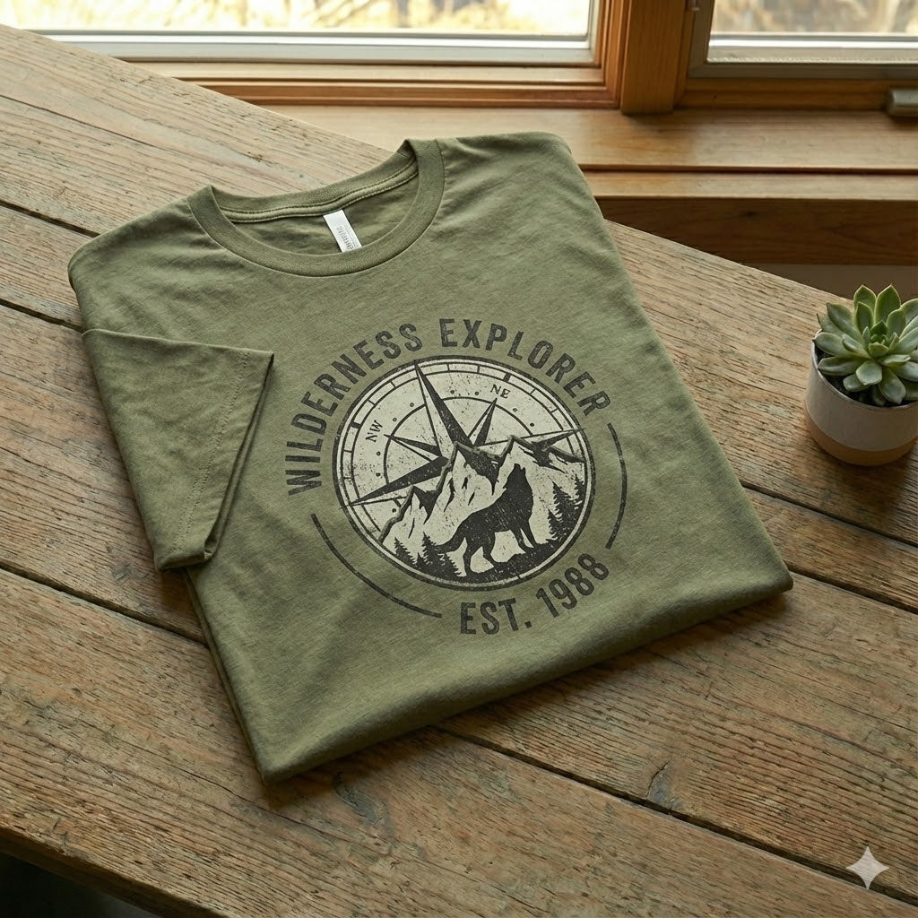Folded men's graphic t-shirt with a rugged vintage design on a wooden table.