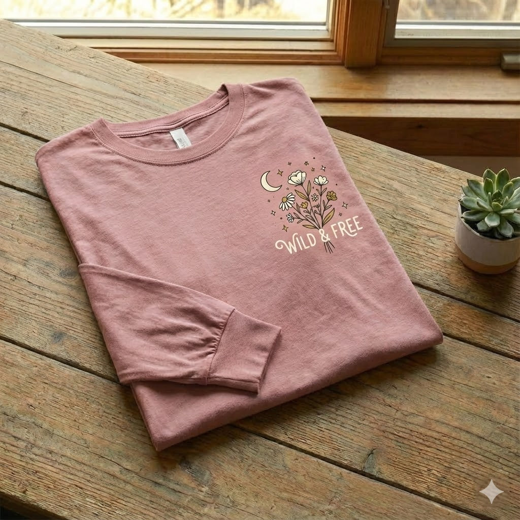 Women's long sleeve graphic shirt folded neatly.