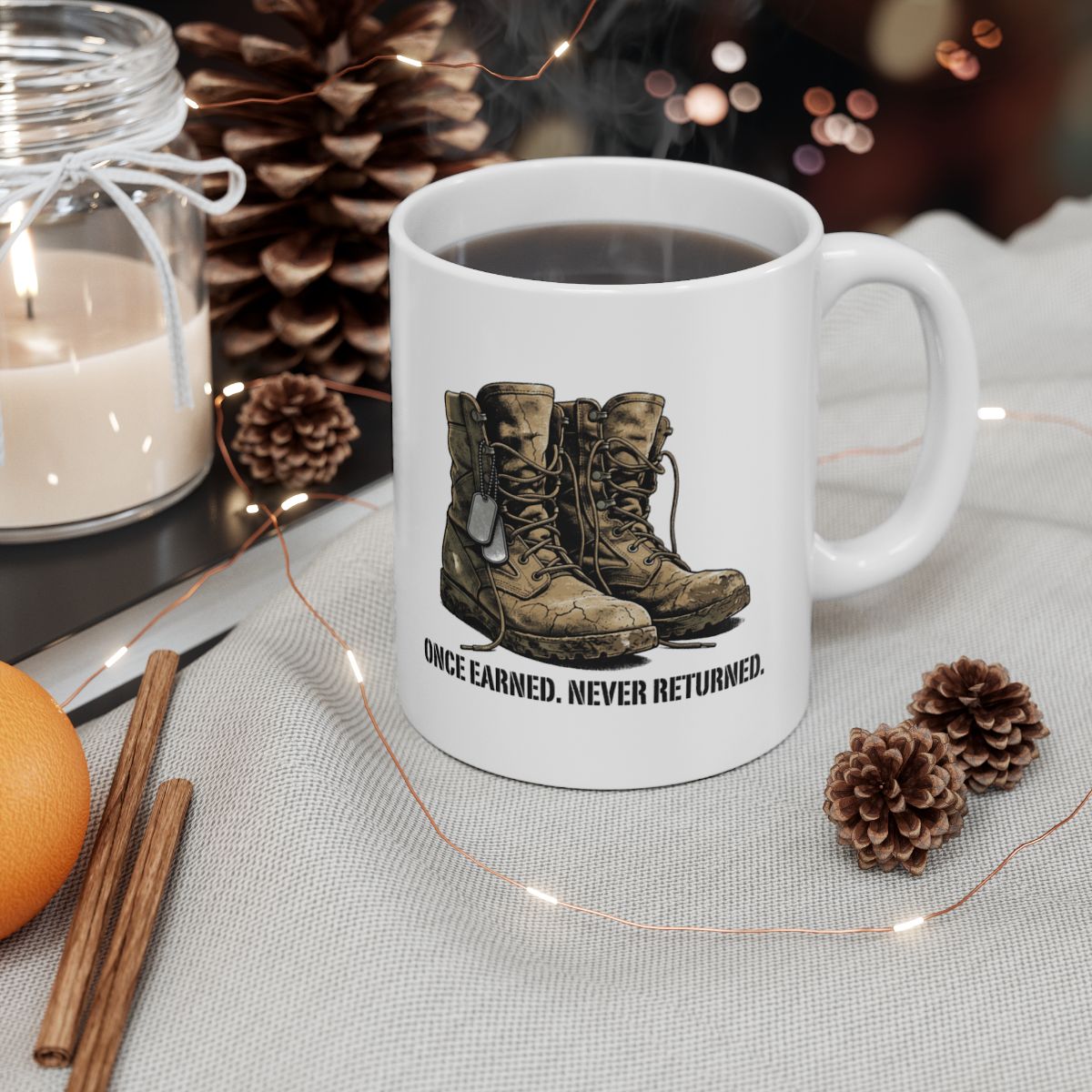 Once Earned. Never Returned. Marine Corps boots and dog tags mug in a warm styled setting — Bluegrass Gifts military and patriotic mugs
