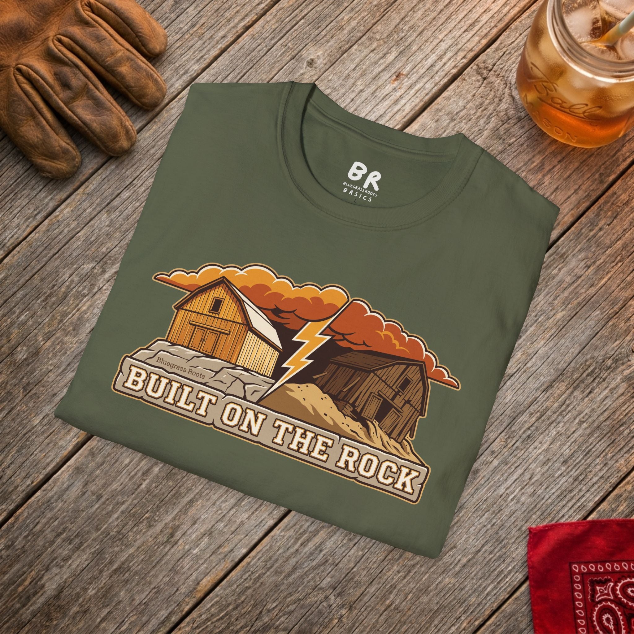 Built on the Rock christian shirt for men, Built on the Rock split barn parable design