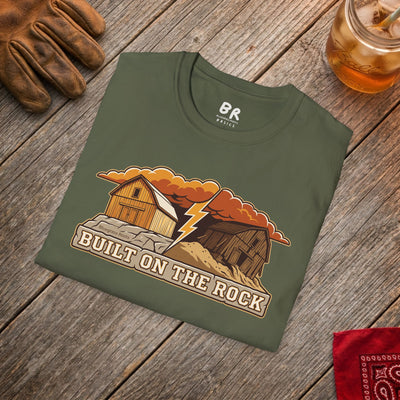 Built on the Rock christian shirt for men, Built on the Rock split barn parable design