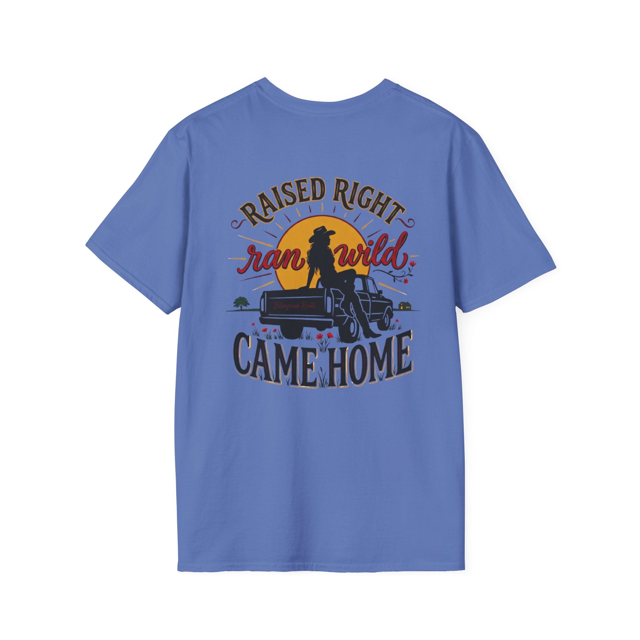 Bluegrass Roots Raised Right Ran Wild Came Home sunset tailgate tee back graphic in Iris