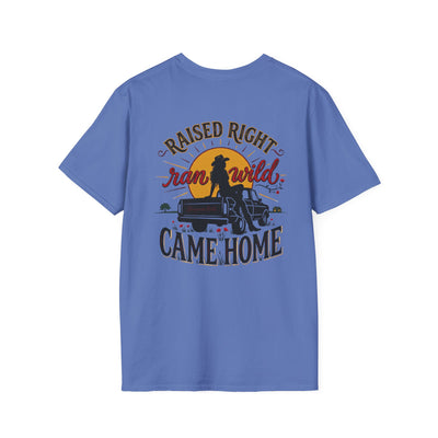 Bluegrass Roots Raised Right Ran Wild Came Home sunset tailgate tee back graphic in Iris