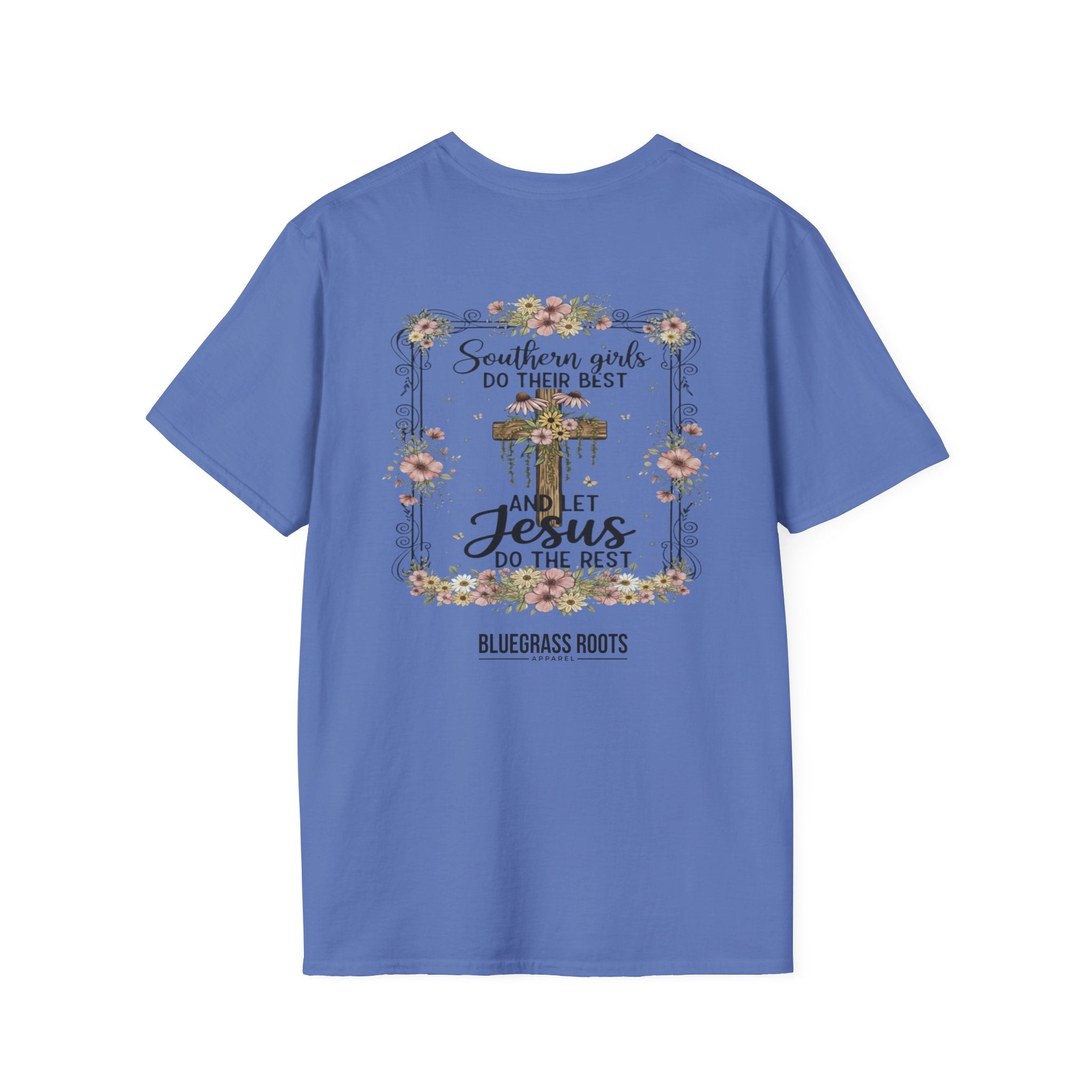 Blue t-shirt with a cross and floral design on a white background