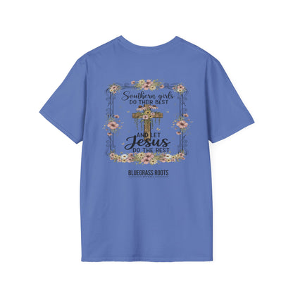 Blue t-shirt with a cross and floral design on a white background