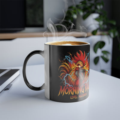 Mug with a rooster design and 'Morning Roost' text on a desk with steam rising from it.