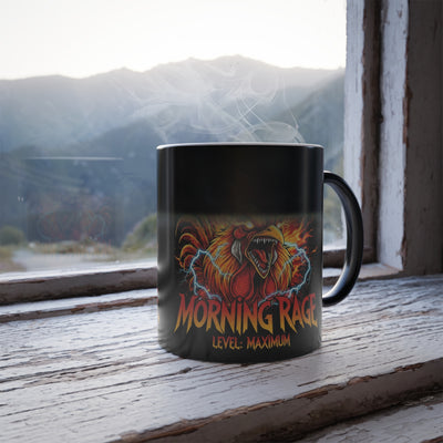 Black mug with 'Morning Rage' design on a wooden surface with a mountain view.