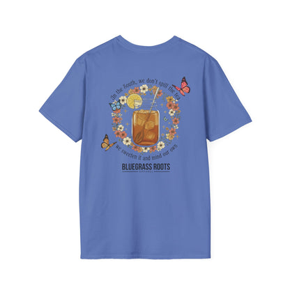 Blue t-shirt with a graphic design on the back featuring a glass of iced tea, flowers, and butterflies, with 'Bluegrass Roots' text.
