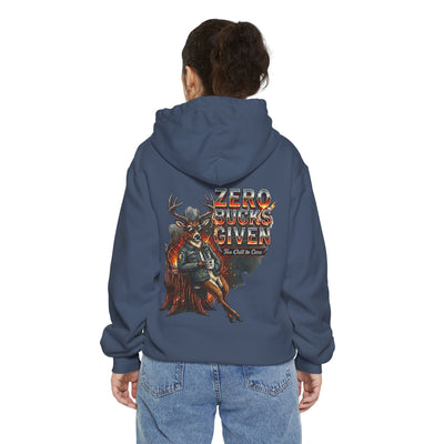 Person wearing a blue hoodie with a graphic design on the back, featuring text and a deer illustration.