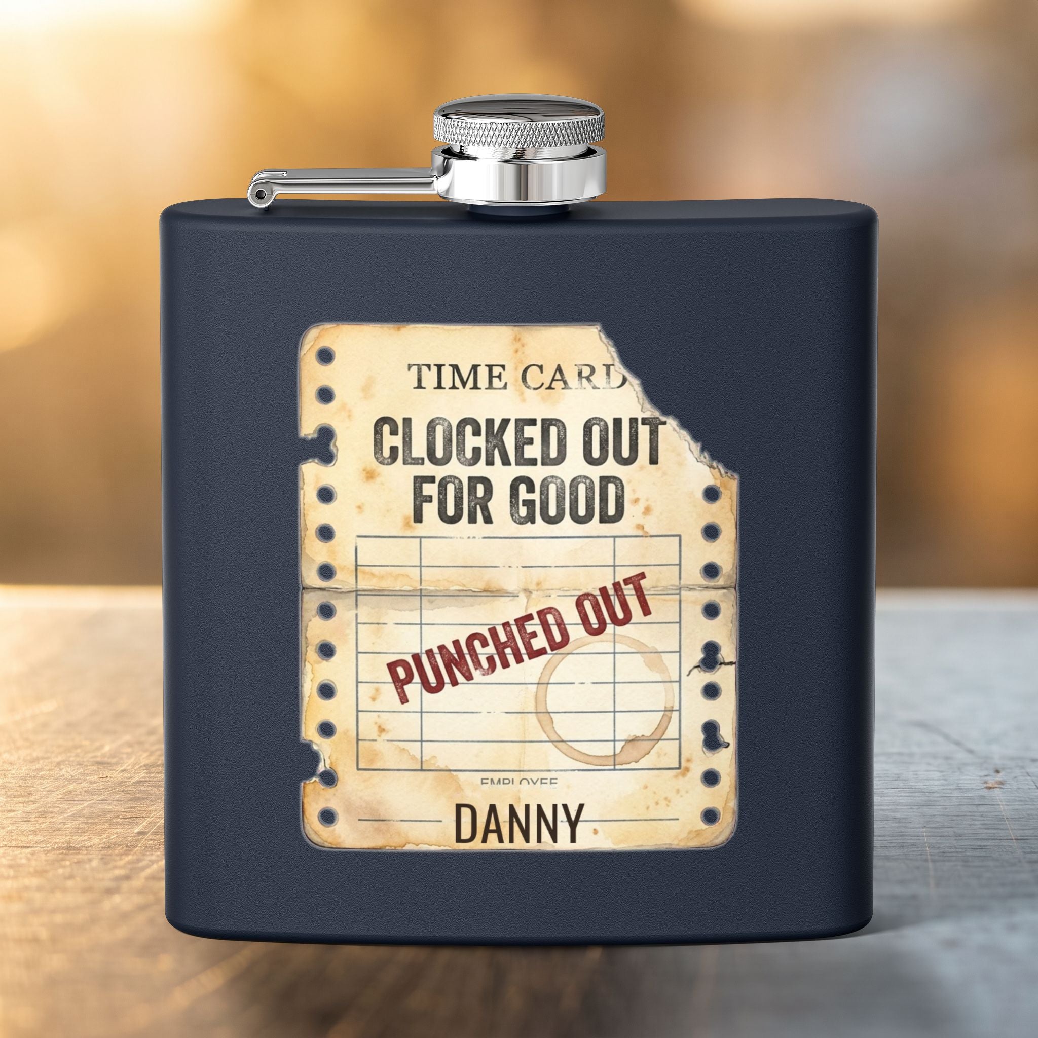 Clocked Out For Good personalized retirement gift flask in Green — cap detail