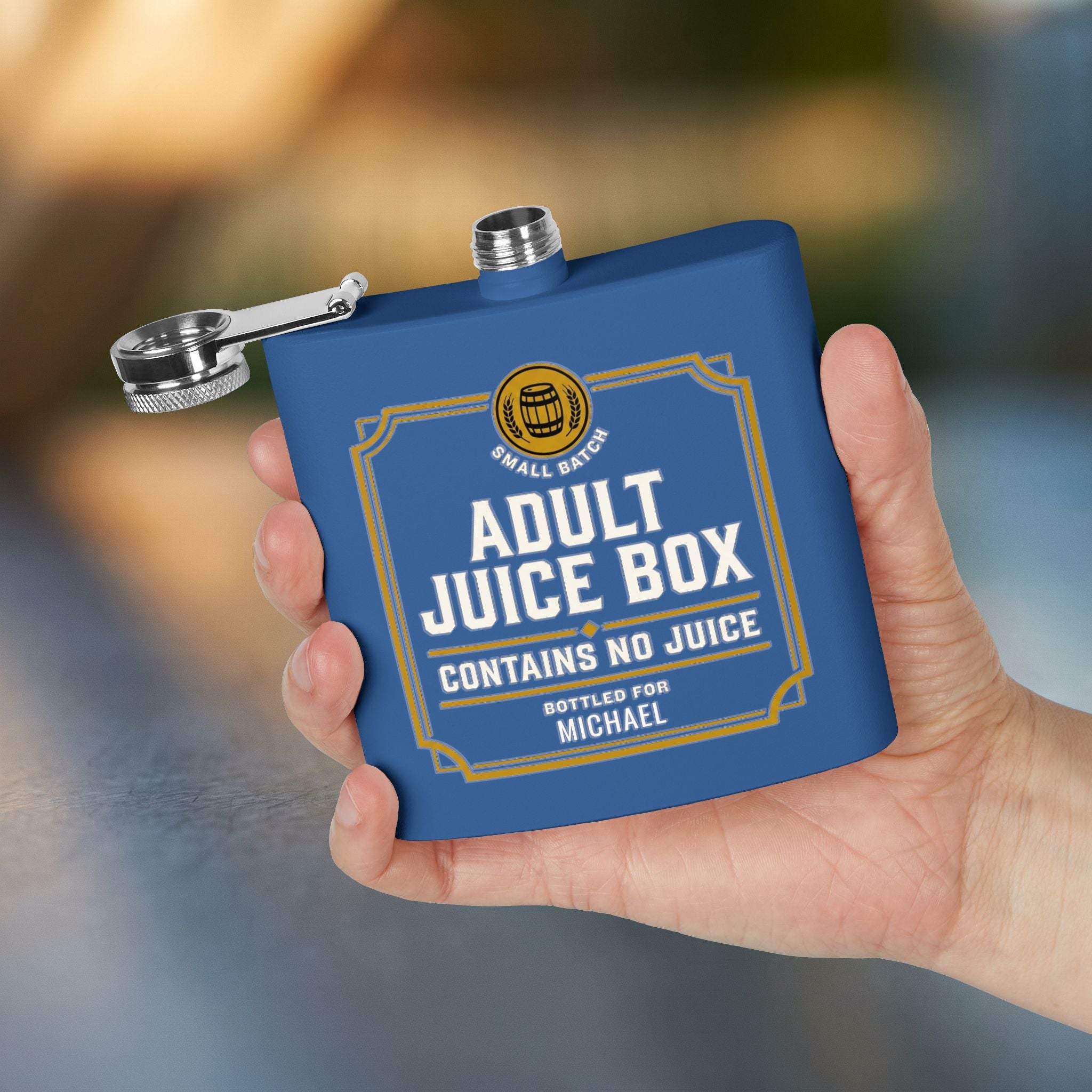 Adult Juice Box Flask humorous personalized flask in Navy — back view