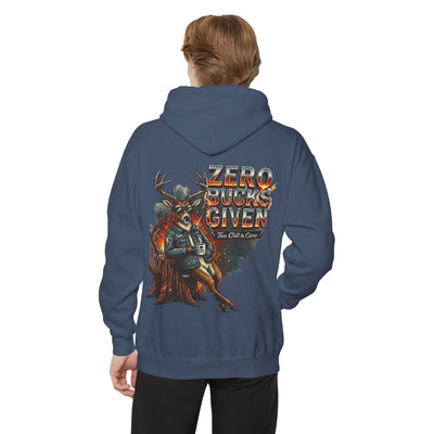 Person wearing a blue hoodie with a graphic design on the back featuring a deer and text.