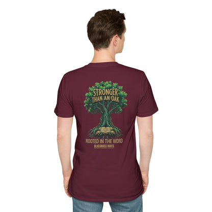 Person wearing a maroon t-shirt with a tree graphic and text on the back, on a white background