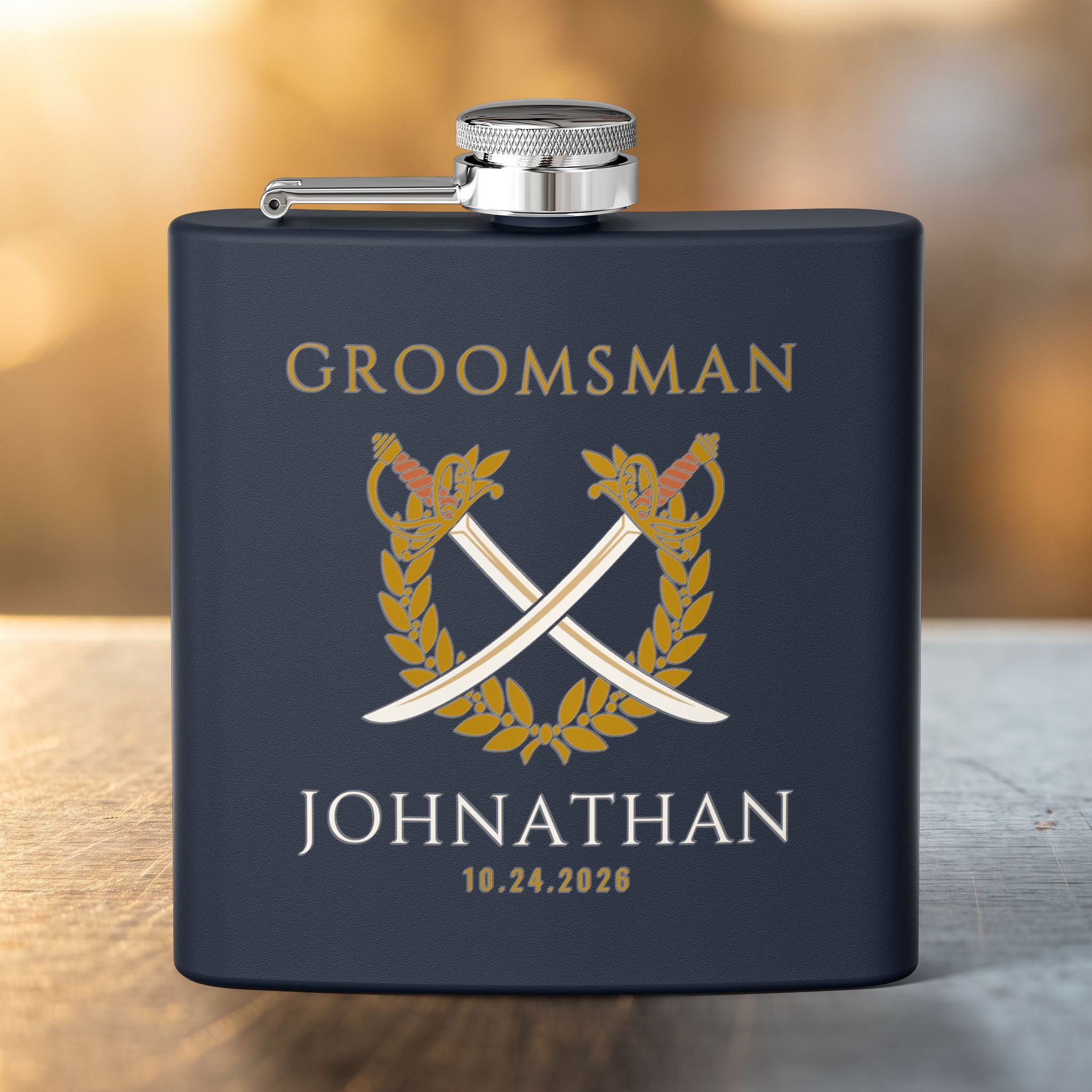 Crossed Sabers Groomsman Flask — Personalized 6oz Whiskey Flask