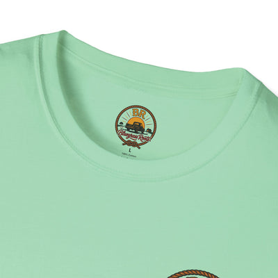 Bluegrass Roots Raised Right Ran Wild Came Home tee folded flat showing front BR lasso crest