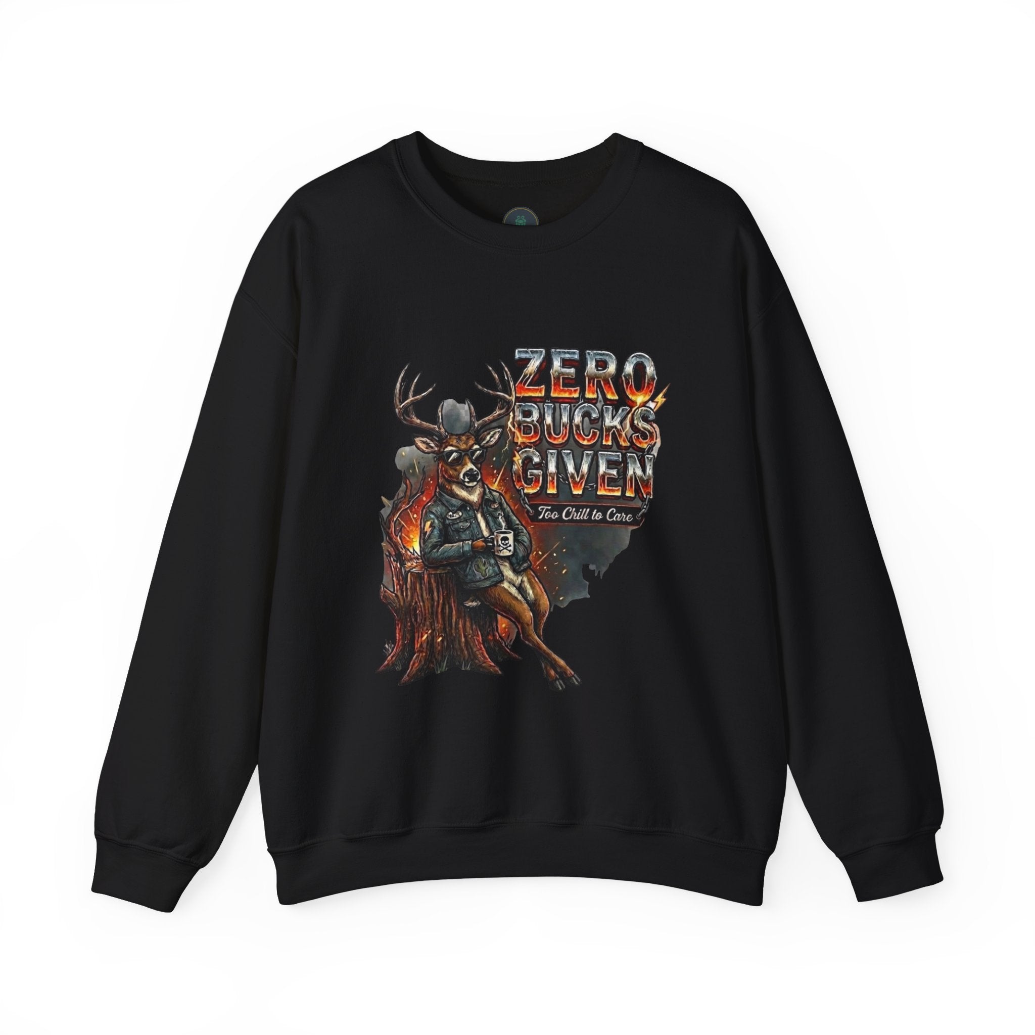 Black sweatshirt with a graphic design of a deer and text 'Zero Bucks Given' on a white background