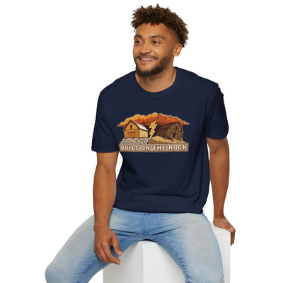 Built on the Rock christian shirt for men, Built on the Rock split barn parable design
