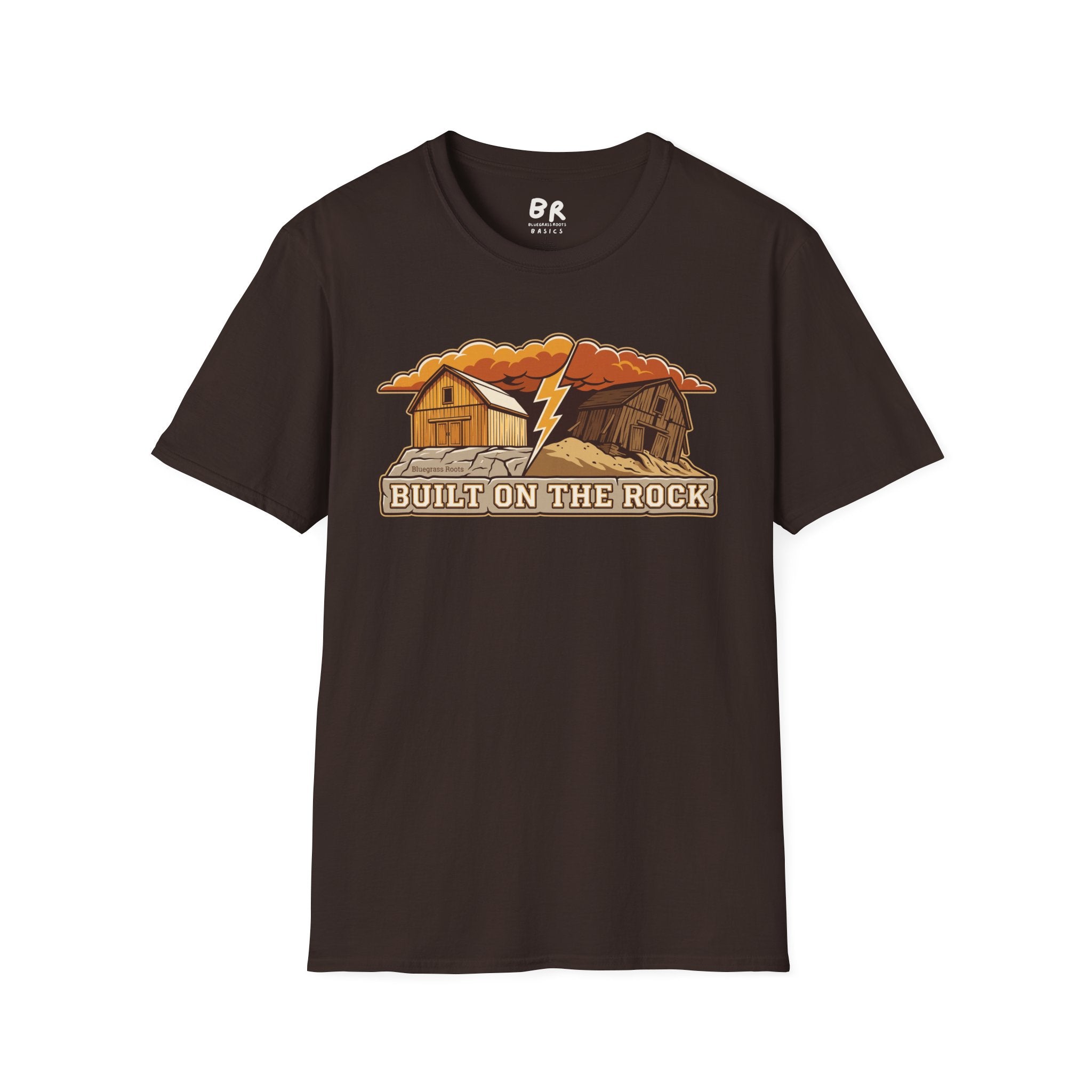 Built on the Rock christian shirt for men, Built on the Rock split barn parable design