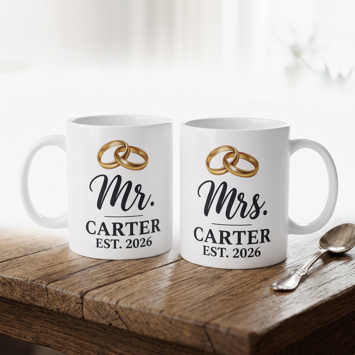Mr. and Mrs. personalized coffee mug set on a wood table