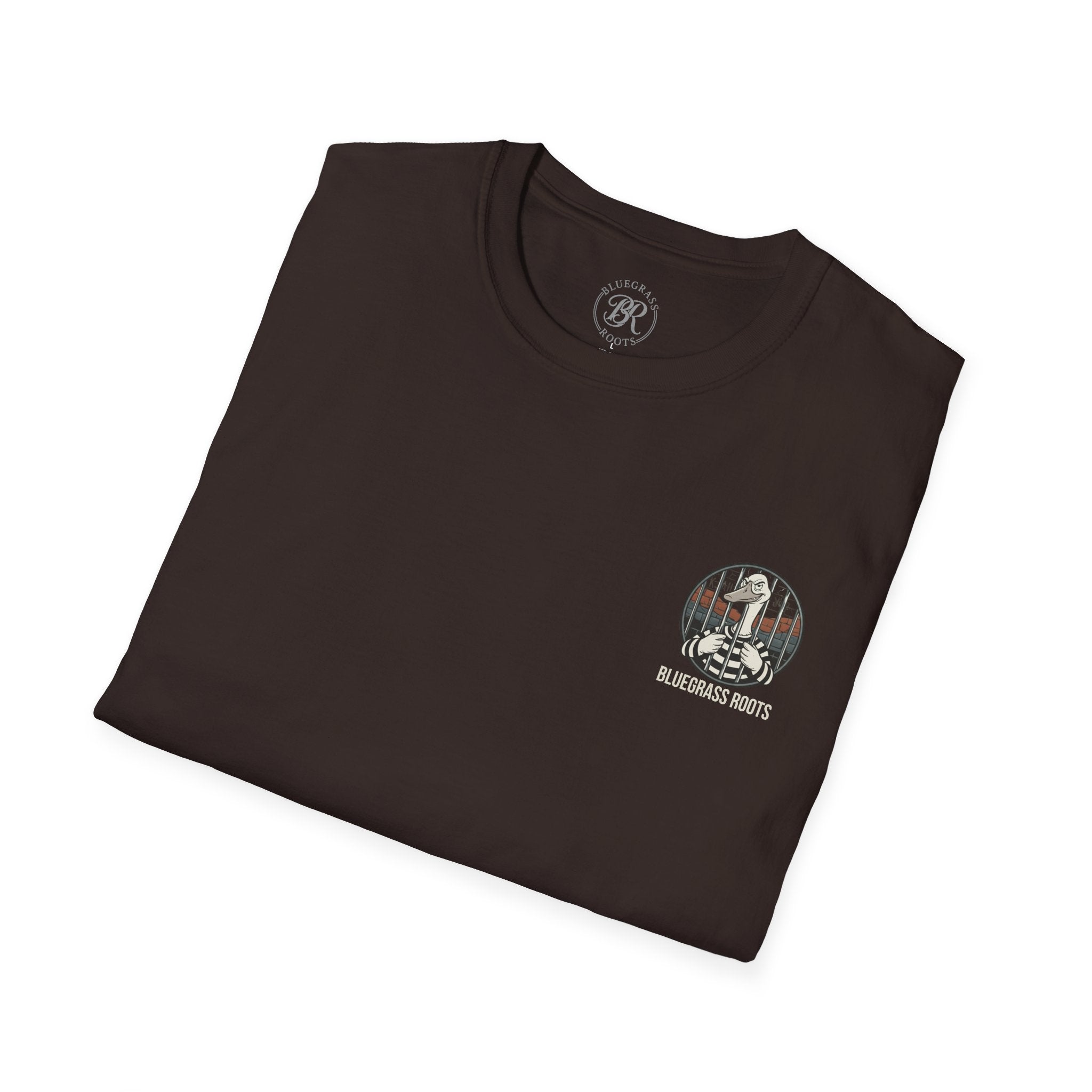 Folded black t-shirt with a graphic design on a white background
