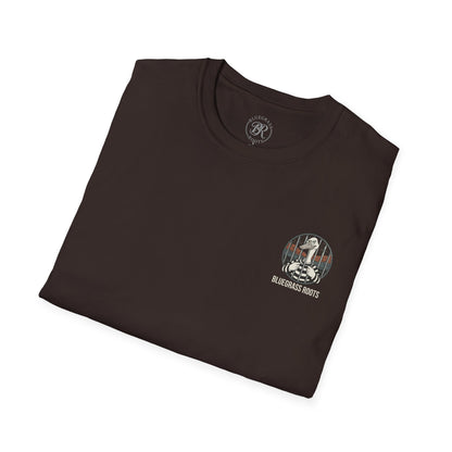 Folded black t-shirt with a graphic design on a white background