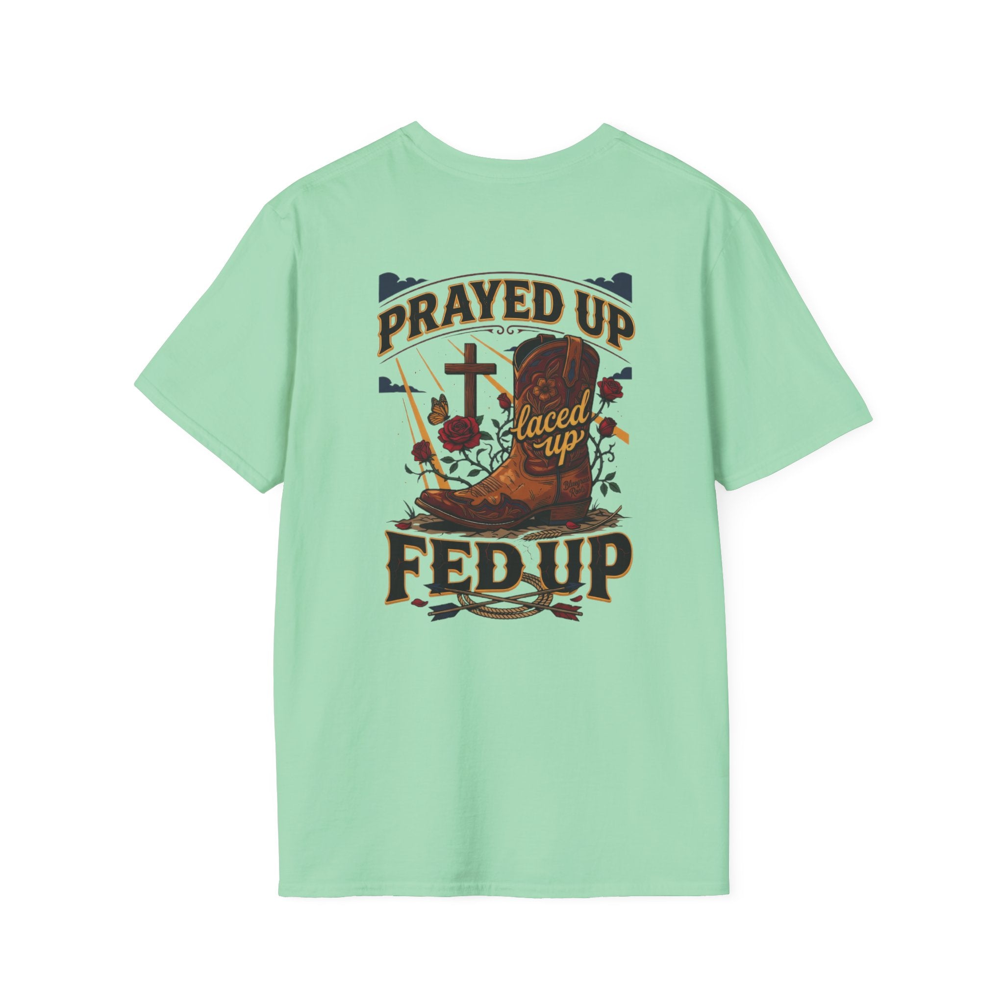 Bluegrass Roots Prayed Up Laced Up Fed Up cowgirl boot tee back graphic in Mint Green