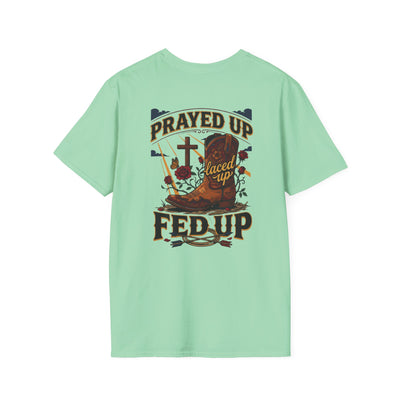 Bluegrass Roots Prayed Up Laced Up Fed Up cowgirl boot tee back graphic in Mint Green
