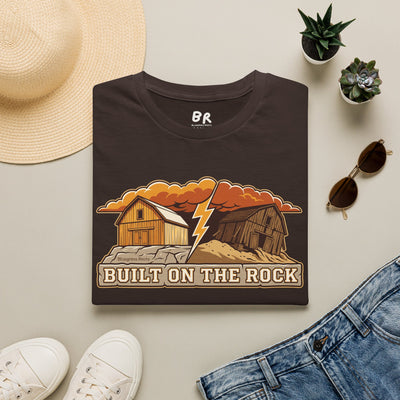 Built on the Rock christian shirt for men, Built on the Rock split barn parable design
