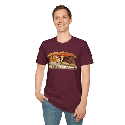 Built on the Rock christian shirt for men, Built on the Rock split barn parable design