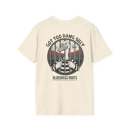 Beige t-shirt with a graphic design of a duck and text on a white background