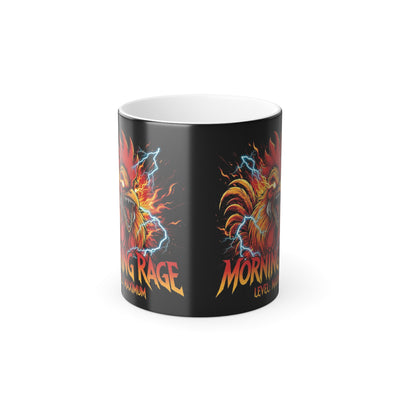 Black mug with fiery dragon design and text on a white background