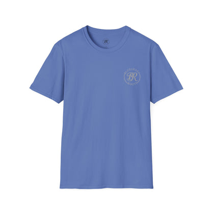 Blue t-shirt with a logo on the chest against a white background