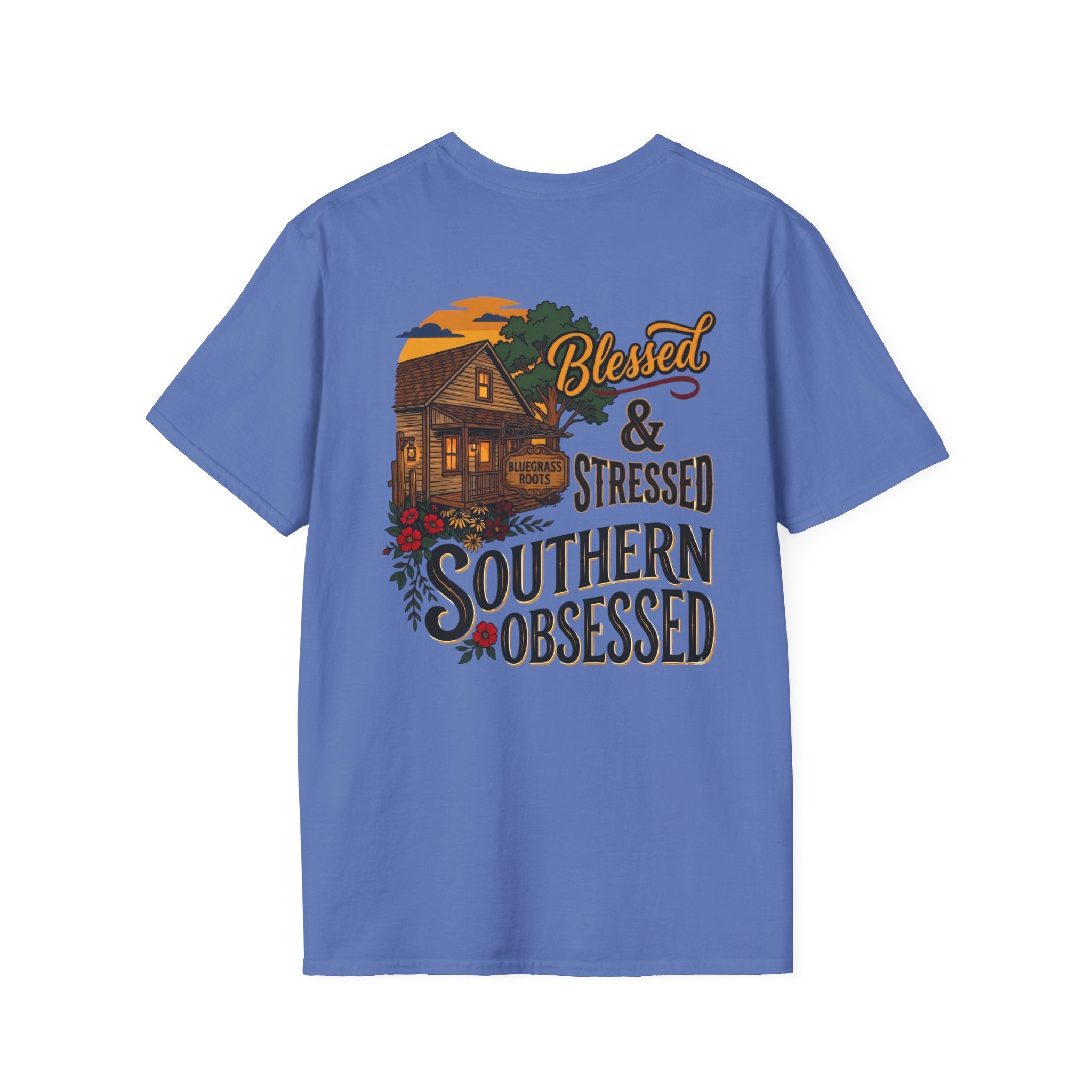 Bluegrass Roots Blessed Stressed Southern Obsessed farmhouse tee back graphic in Iris