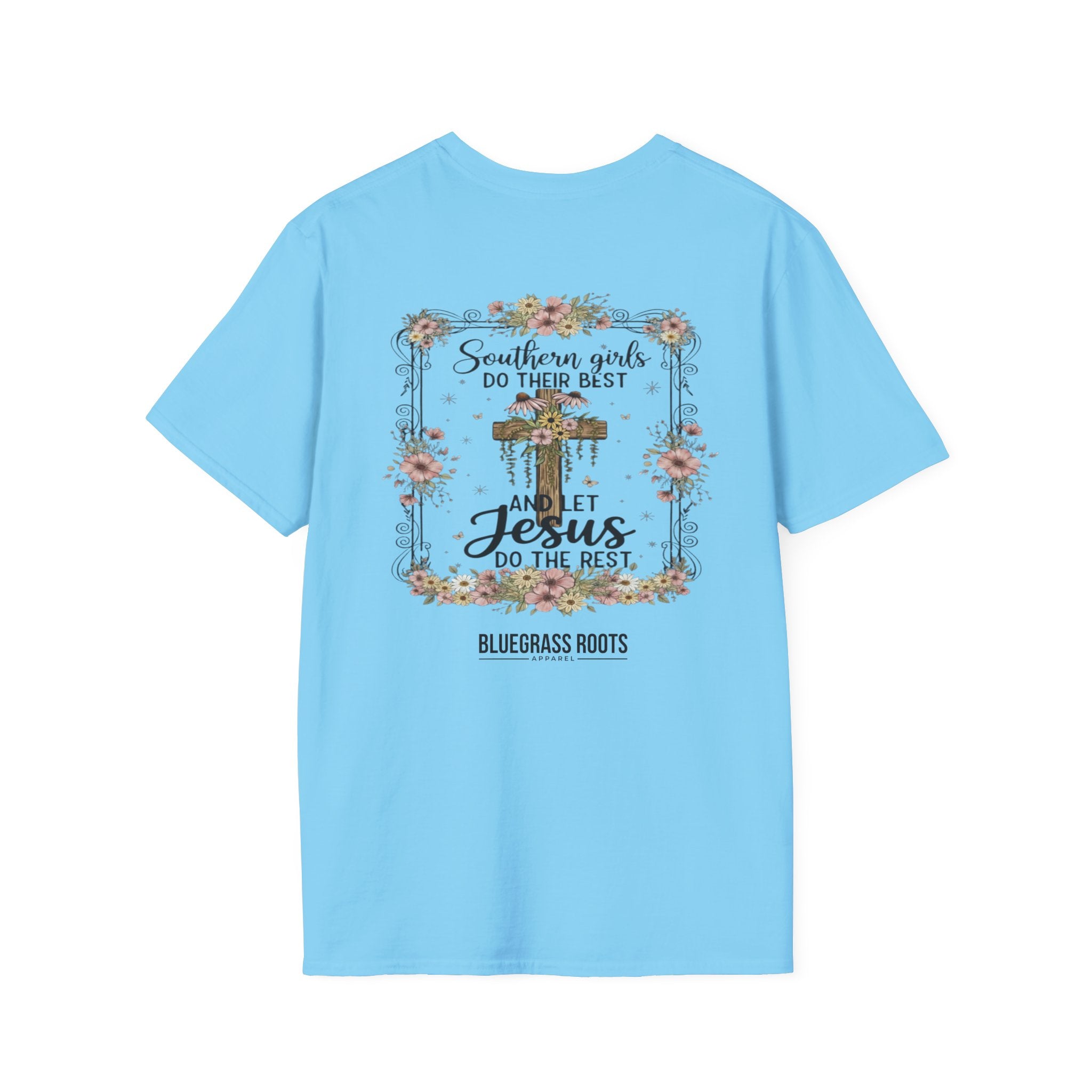 Light blue t-shirt with a cross and floral design on the back, featuring text.