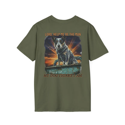 Green t-shirt with a graphic of a dog and text on a white background