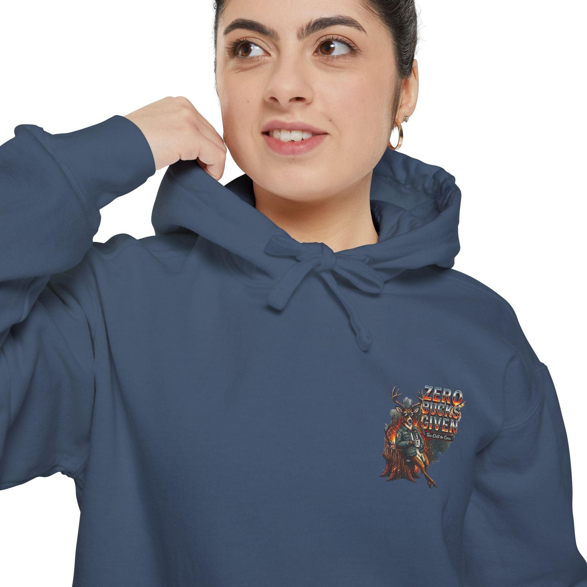 Person wearing a blue hoodie with a graphic design on a white background