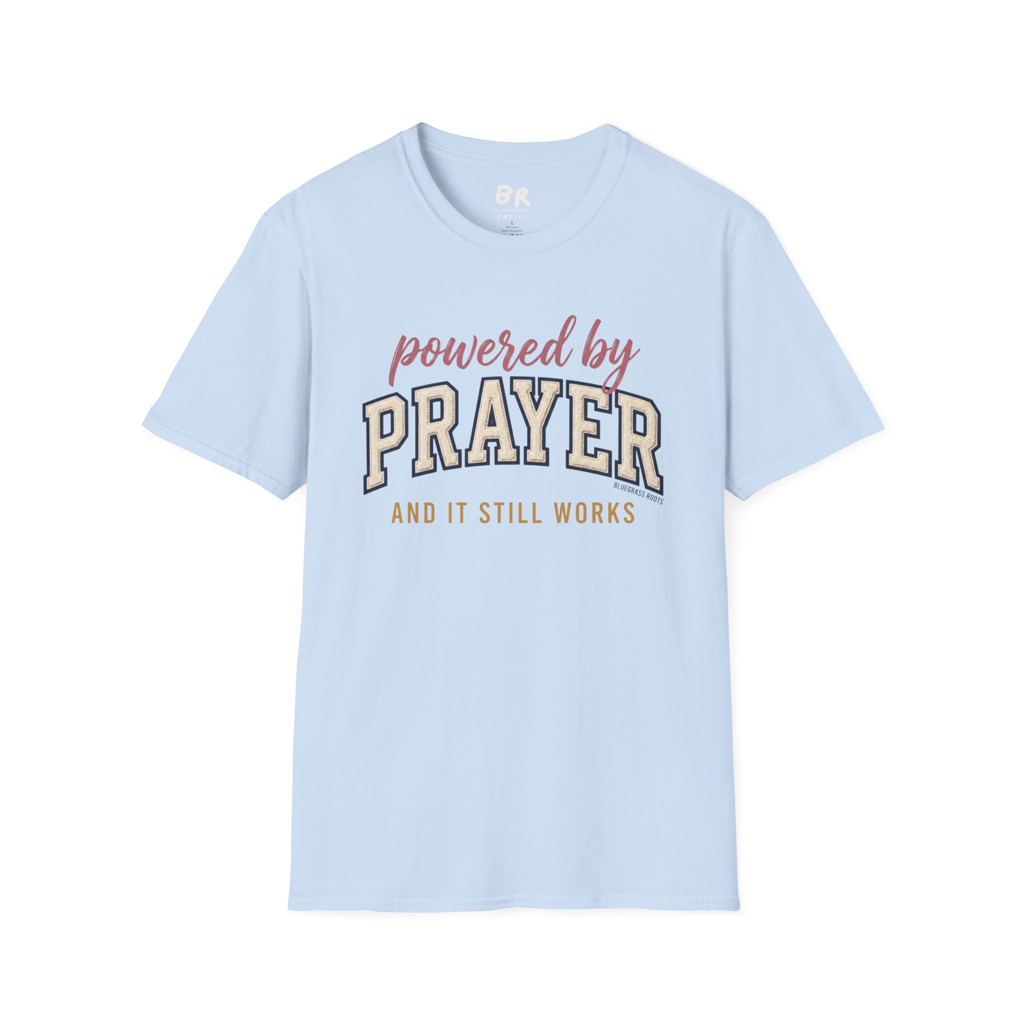 Powered by Prayer varsity shirt