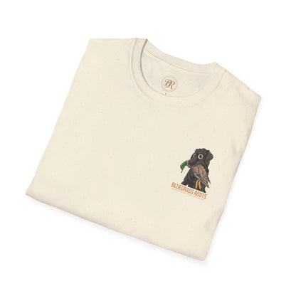 Folded beige t-shirt with a graphic of a dog and text on a white background