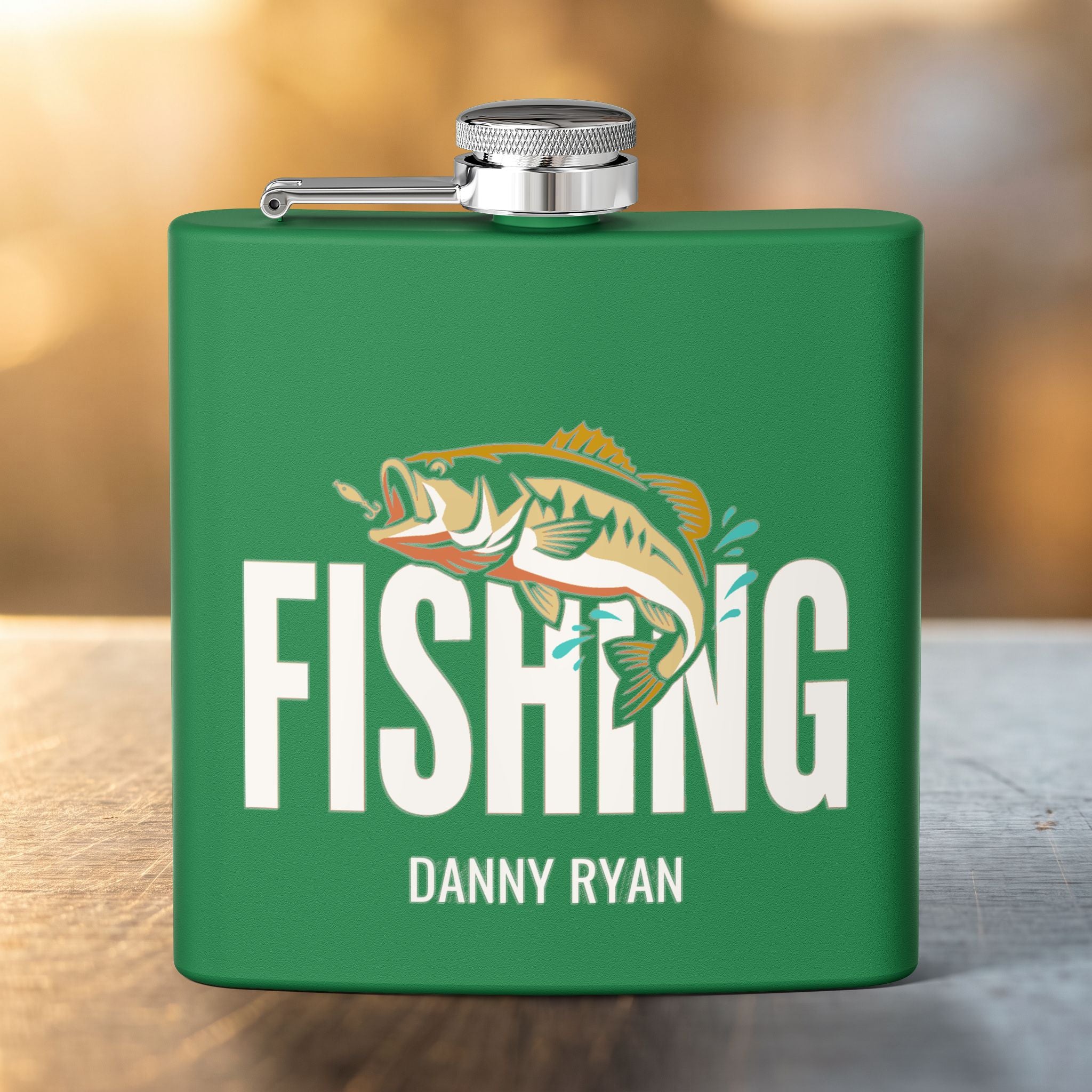 Gone Fishin’ Bass Flask bass fishing gift flask in Green — front view